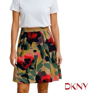 DKNY Teal Tan Red Abstract Floral Skirt  Size 8
